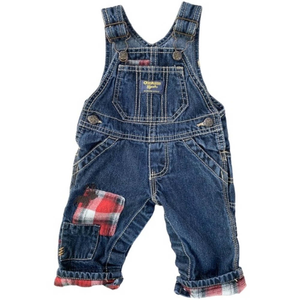 OshKosh Boys Plaid Patch and Bottom Cuffed Overalls, 6-9M